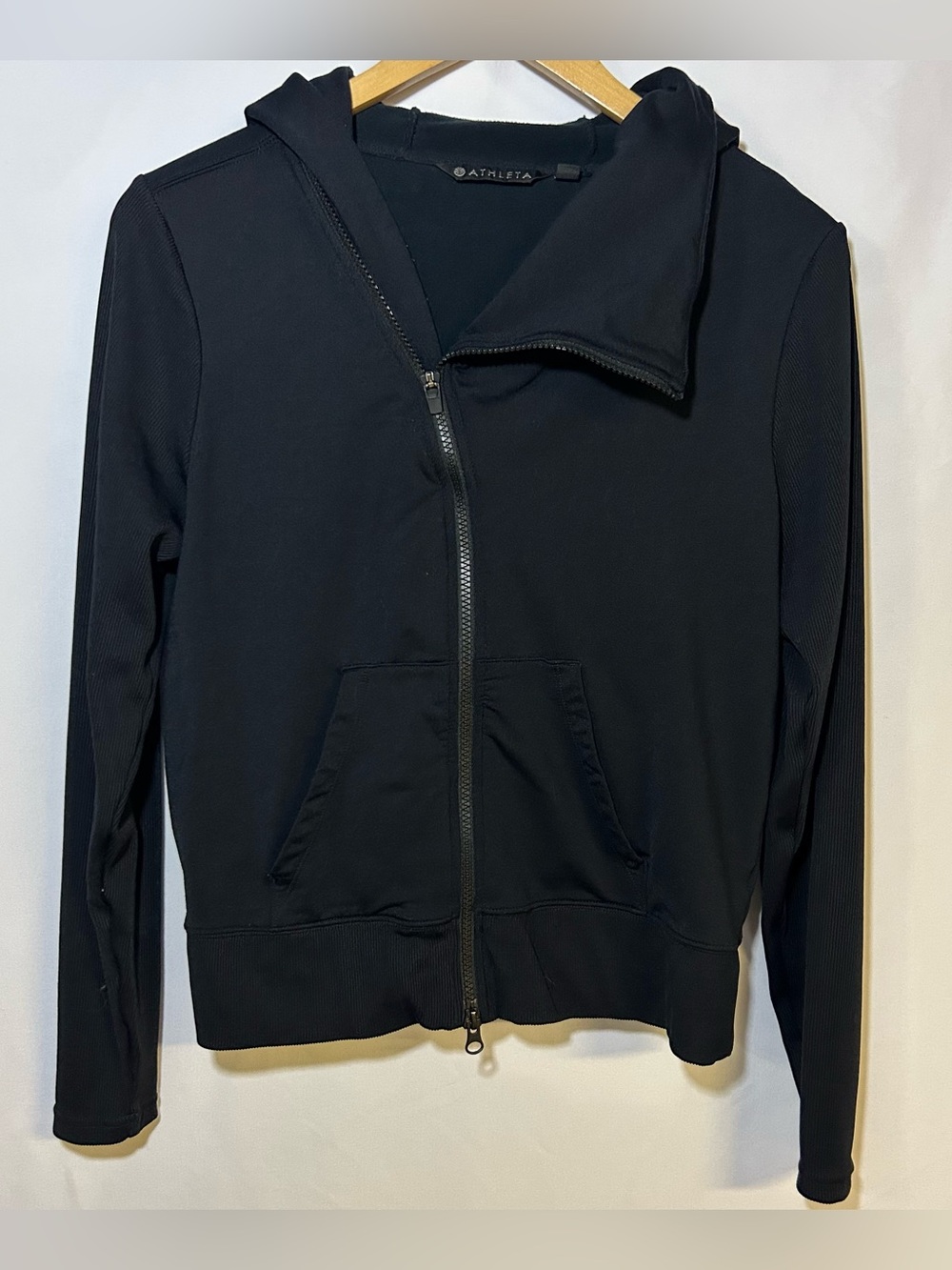 Athleta Black Intention asymmetrical Hooded Zip Jacket Sweatshirt size Medium